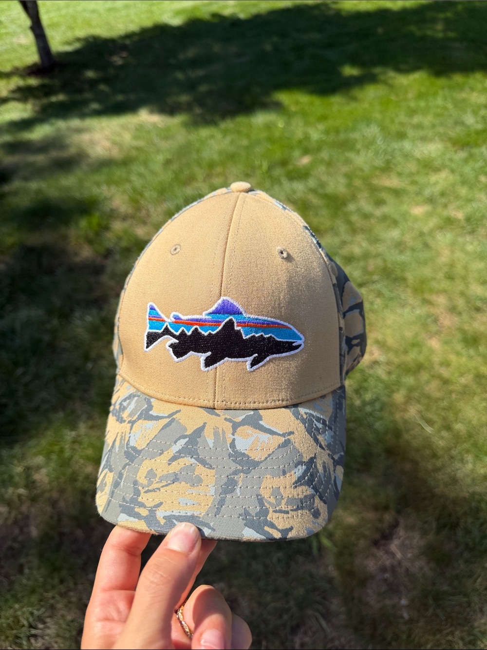 Patagonia Tan Cap with Camo Brim and Multicolor Fish Patch